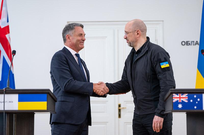  Deputy Prime Minister and Minister for Defence of Australia Richard Marles (L) and Prime Minister of Ukraine Denys Shmyhal (R) shake hands during common briefing on April 27, 2024 in Lviv, Ukraine.