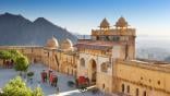Amber Fort - landscape with elephants on the Jaleb Chowk courtyard and main gate of Amber Fort, Jaipur, Rajasthan, India