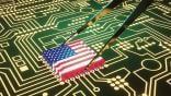 U.S. flag superimposed over microchip