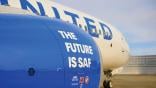 United Airlines engine displaying text "the future is SAF"