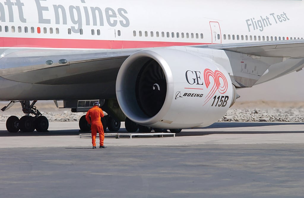 GE90-115B jet engine mounted on a Boeing 777 flight test aircraft