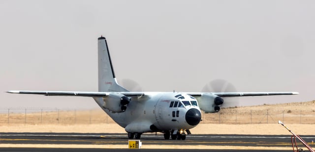Leonardo&rsquo;s C-27J demonstrator taxies into the static display. Credit: Bilypix