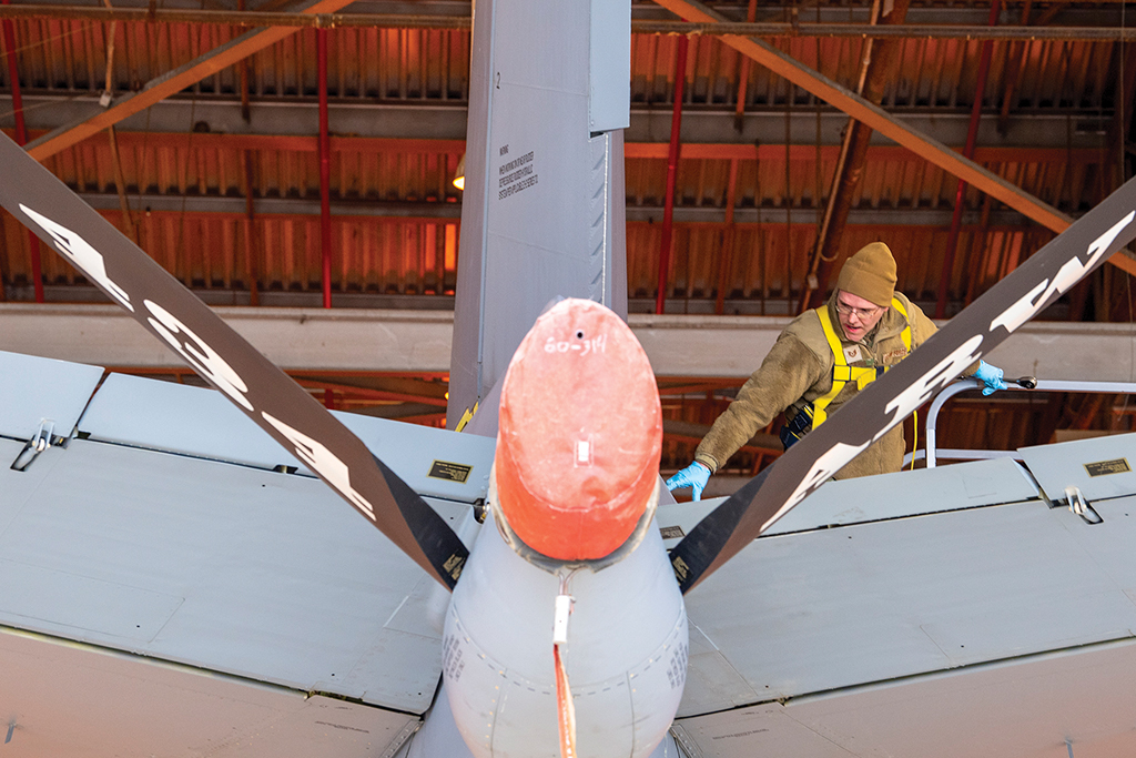 U.S. Air Force replacing a faulty tail pin installed on the KC-135