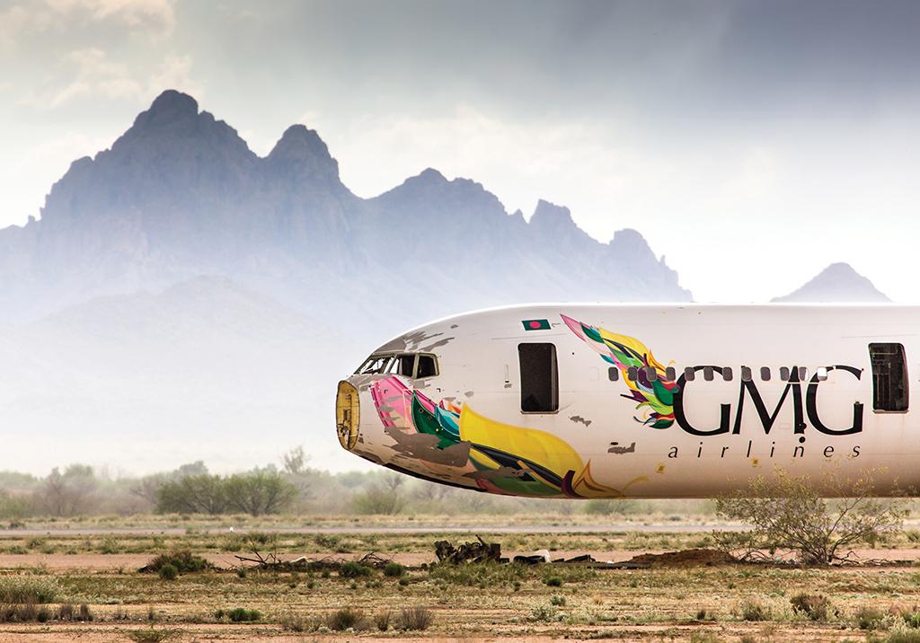 stripped-out Boeing 767 on wooden blocks