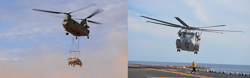 Boeing CH-47F and Sikorsky CH-53K helicopters