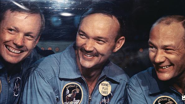 Michael Collins (center) with crewmates Neil Armstrong (left) and Edwin “Buzz” Aldrin (right)