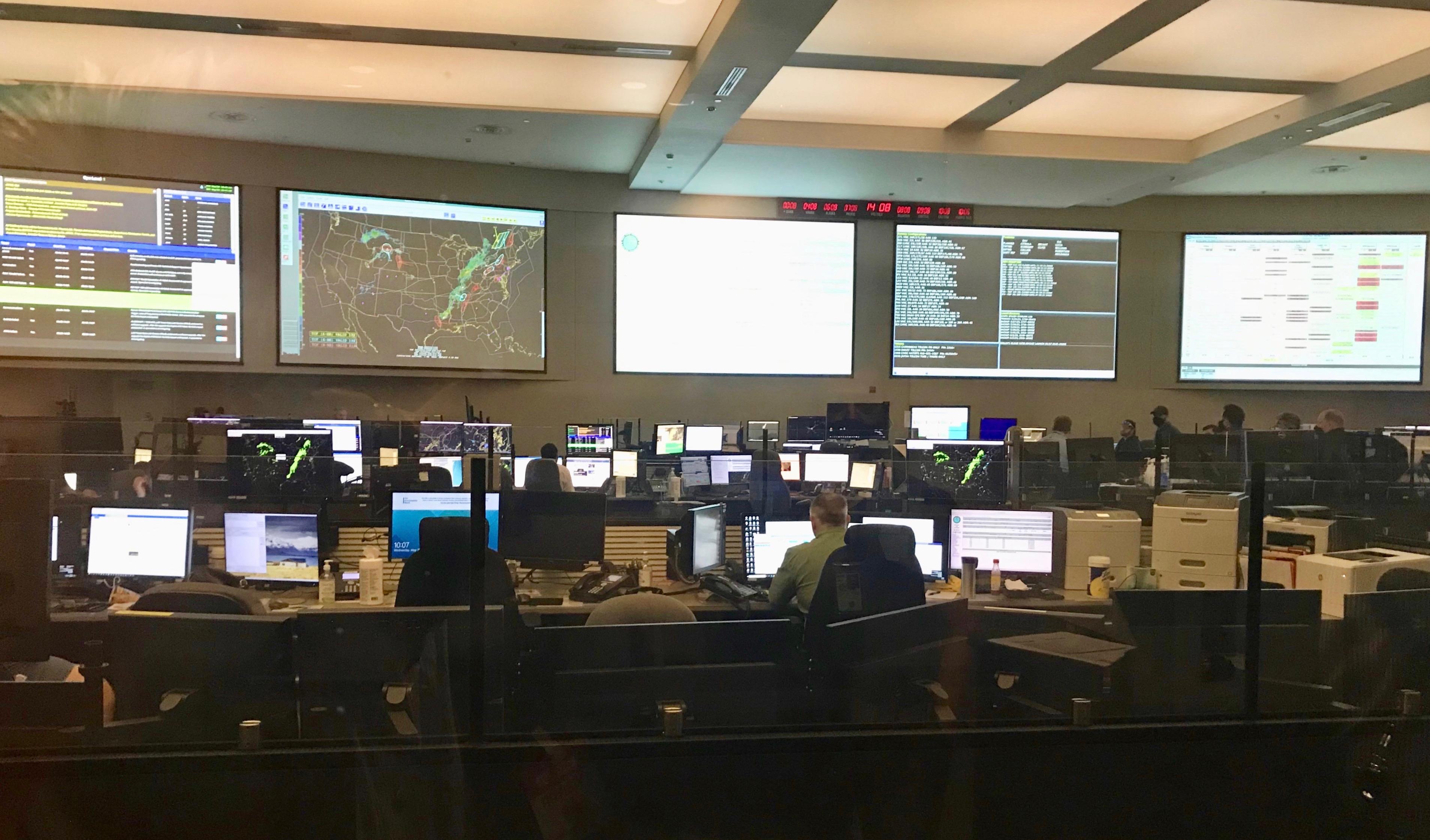 Main control room at the FAA’s ATC System Command Center in Warrenton, Virginia