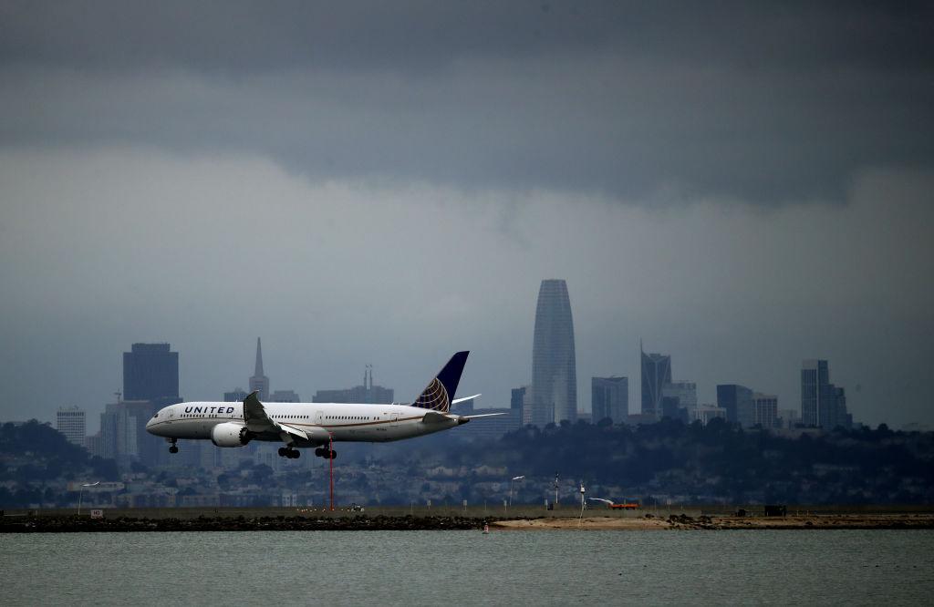 United Airlines plane landing at SFO