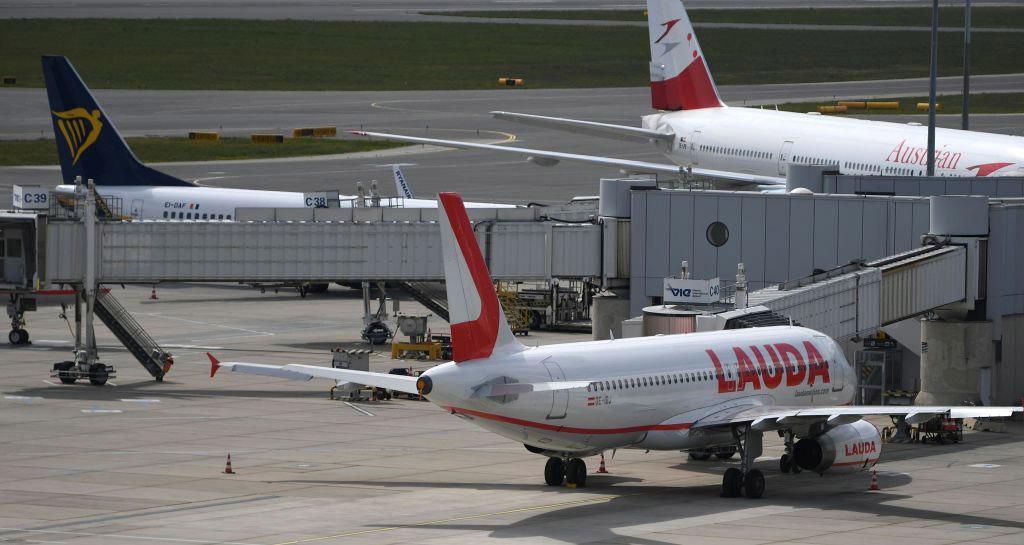 Austrian, Ryanair and Lauda planes at Vienna Airport