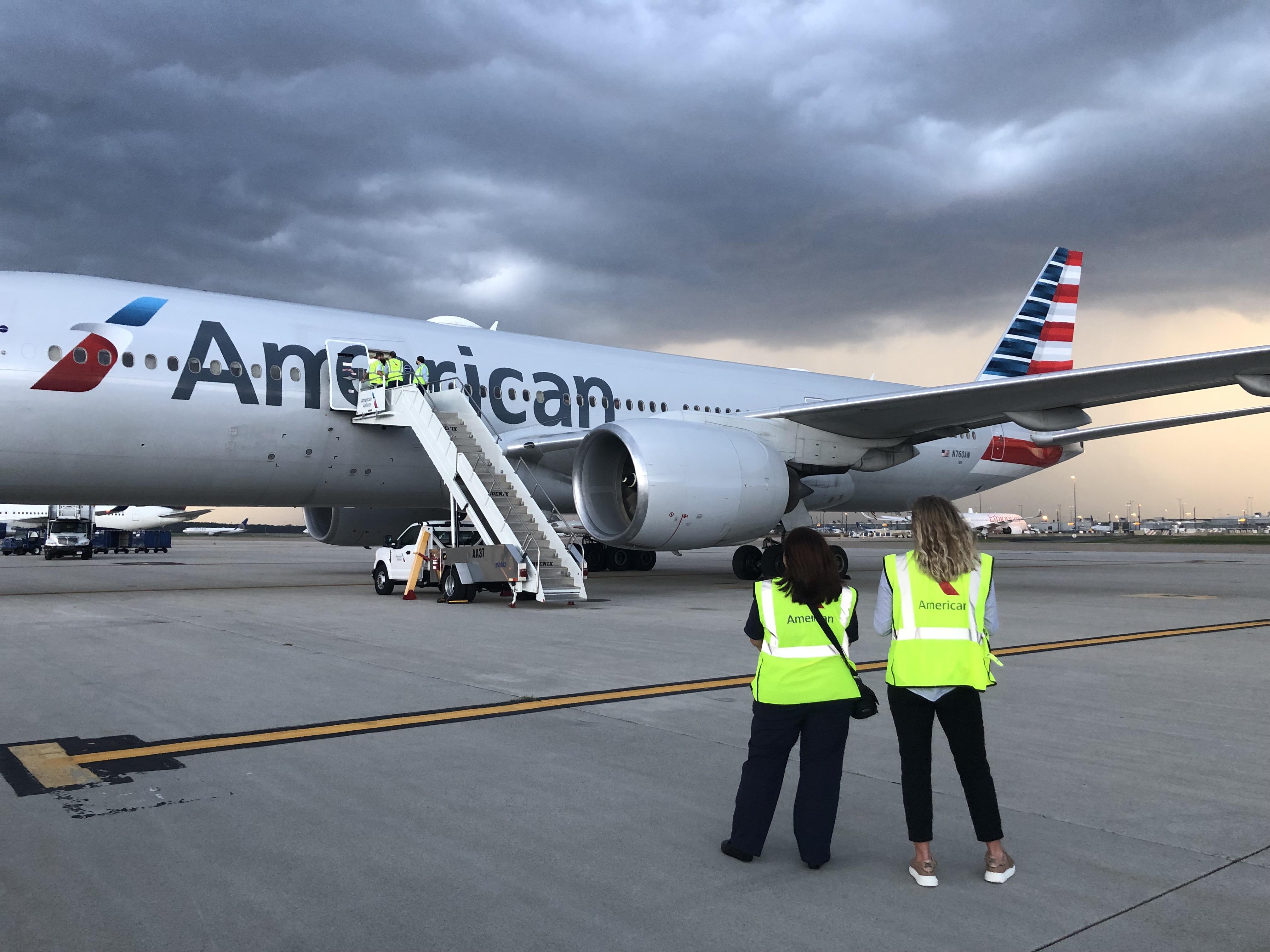 An American Airlines aircraft on the ground after carrying Afghan evacuees to the U.S.