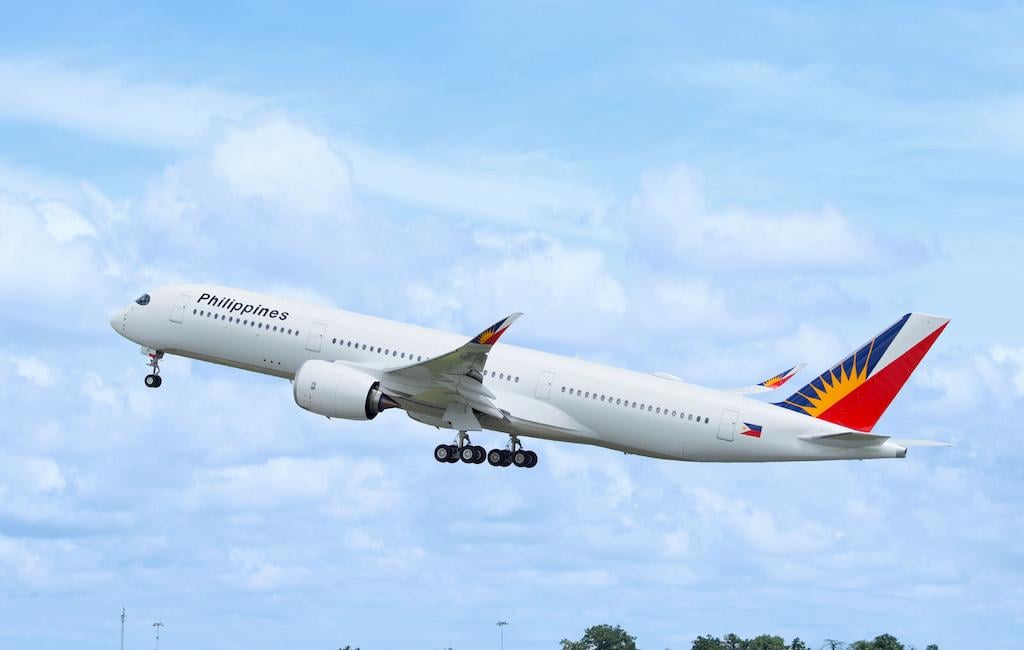 A Philippine Airlines A350 taking off.
