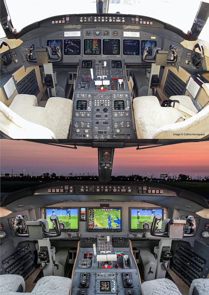 Challenger 604 cockpit before and after Constant Aviation install of Pro Line Fusion avionics