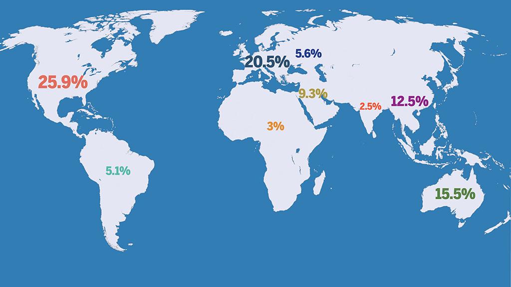 world map with mro forecast percentages