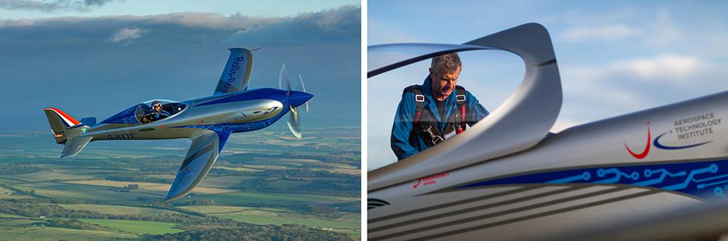 Rolls-Royce chief test pilot O’Dell at the controls of Spirit of Innovation and Steve Jones of Electroflight with the aircraft