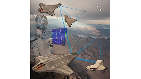 graphic of a human pilot in next-generation fighter controlling multiple Collaborative Combat Aircraft