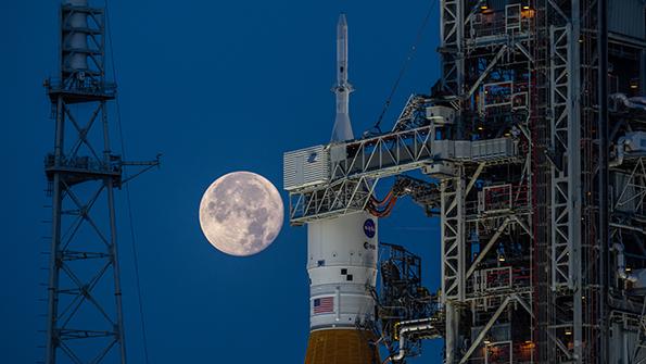 NASA Space Launch System rocket on launchpad