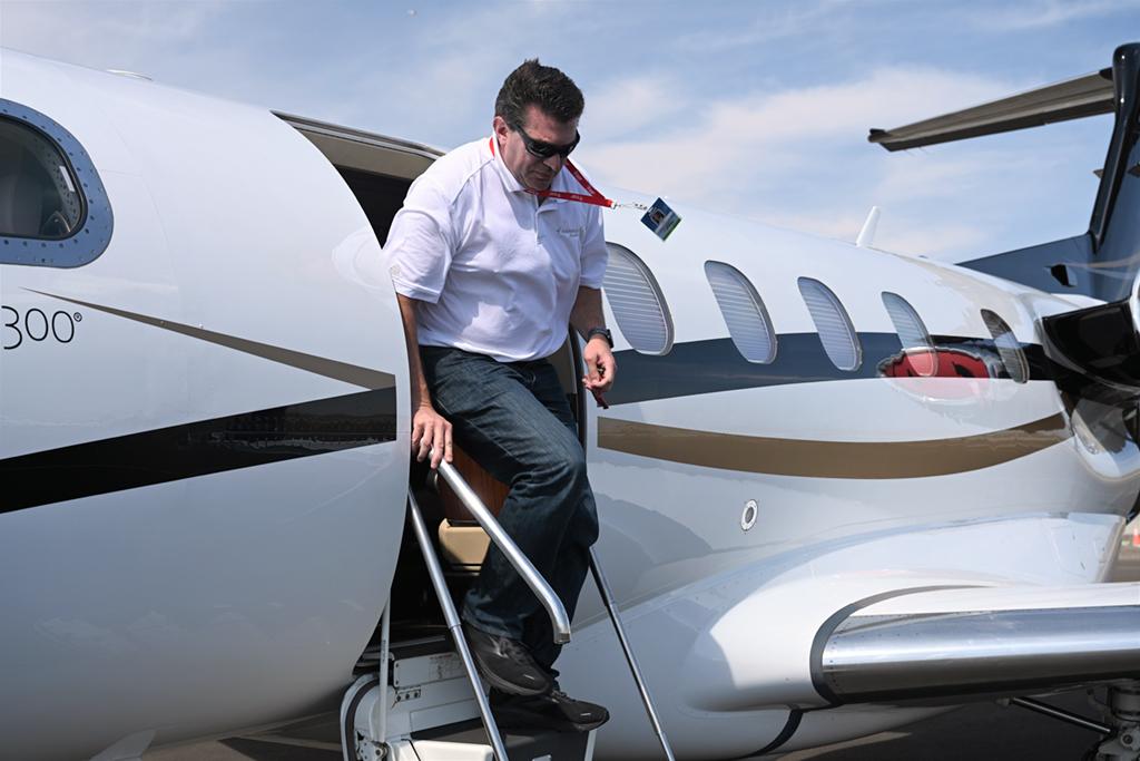 Rep. Jay Obernolte exiting the Phenom 300