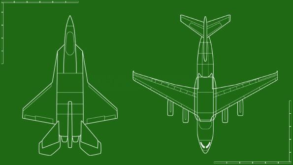 Turkish Aerospace Industries TF-X (left) and Avic XAC Y-20 top-down view drawings