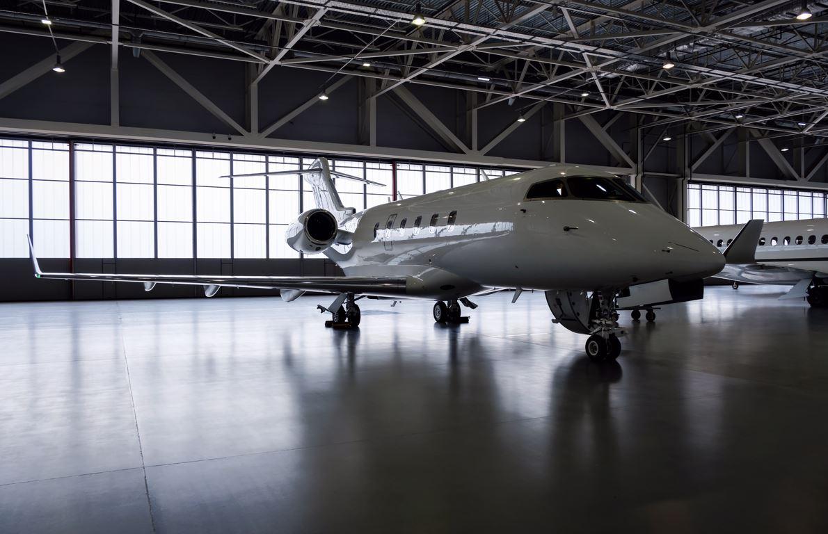 Business jet in hangar