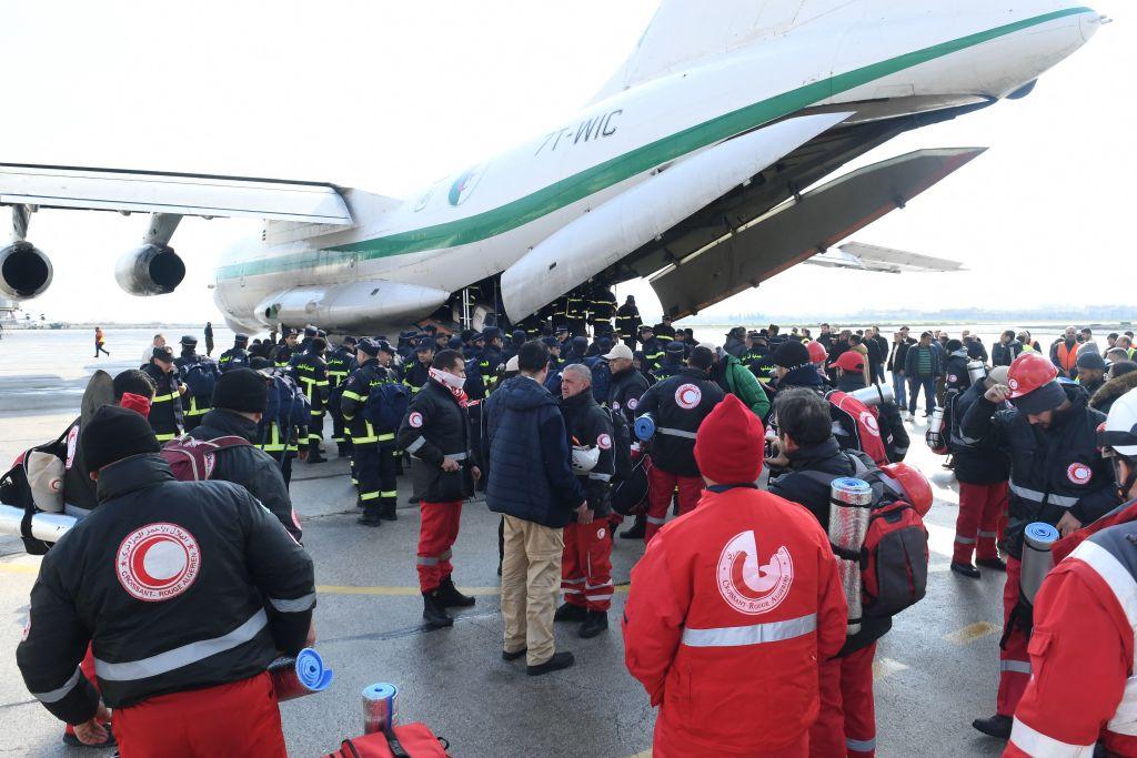 Algerian rescue teams arrive at Aleppo International Airport on February 7, 2023
