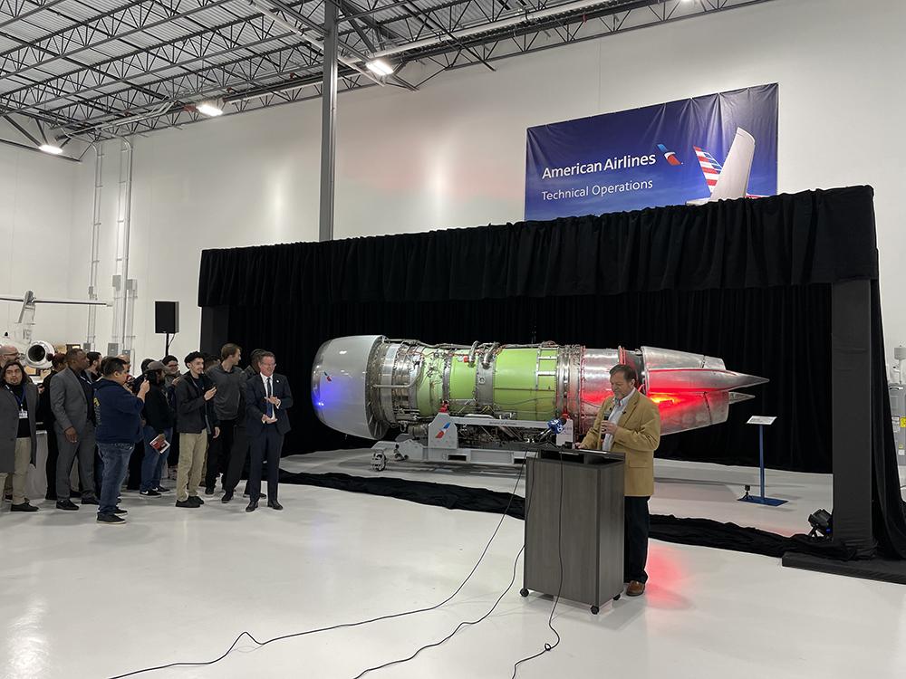 Mark Miner, VP of Tech Ops at American Airlines, speaking at the unveiling ceremony for the engine at Aviation Institute of Maintenance Chicago.