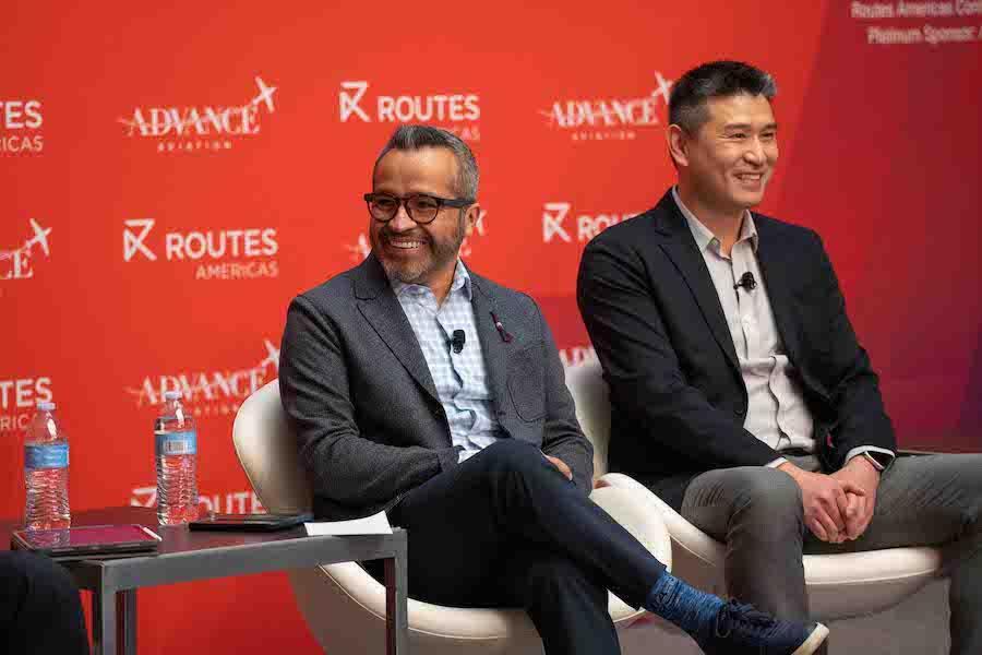 Aeromexico's Cuitlahuac Martinez Gutierrez (left) and Volaris' Wei Jin on a panel at Routes Americas 2023.
