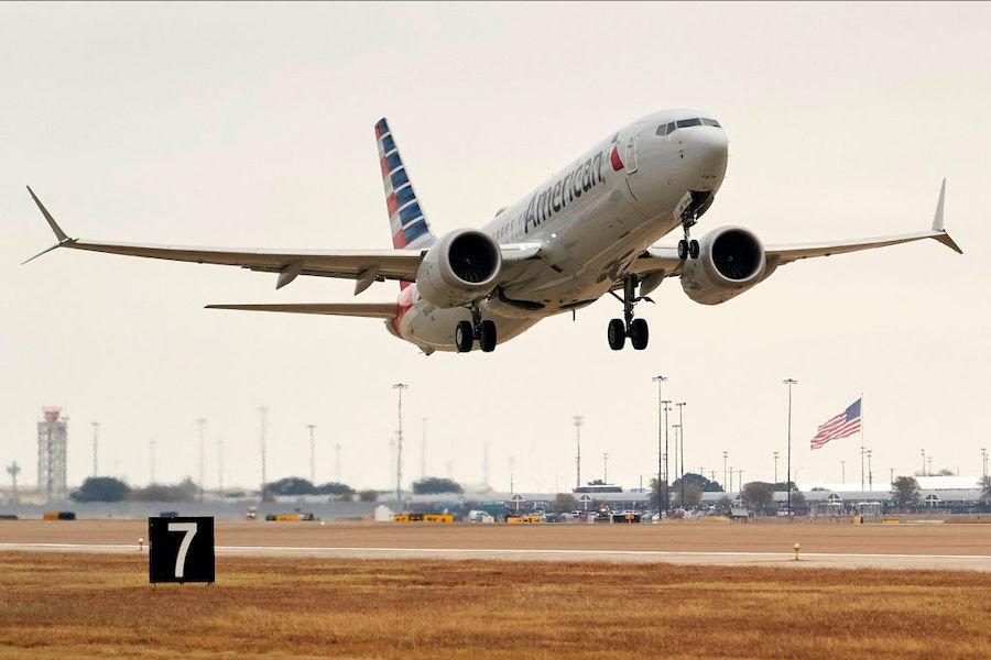American Airlines jet takes off at Dallas/Fort Worth International Airport