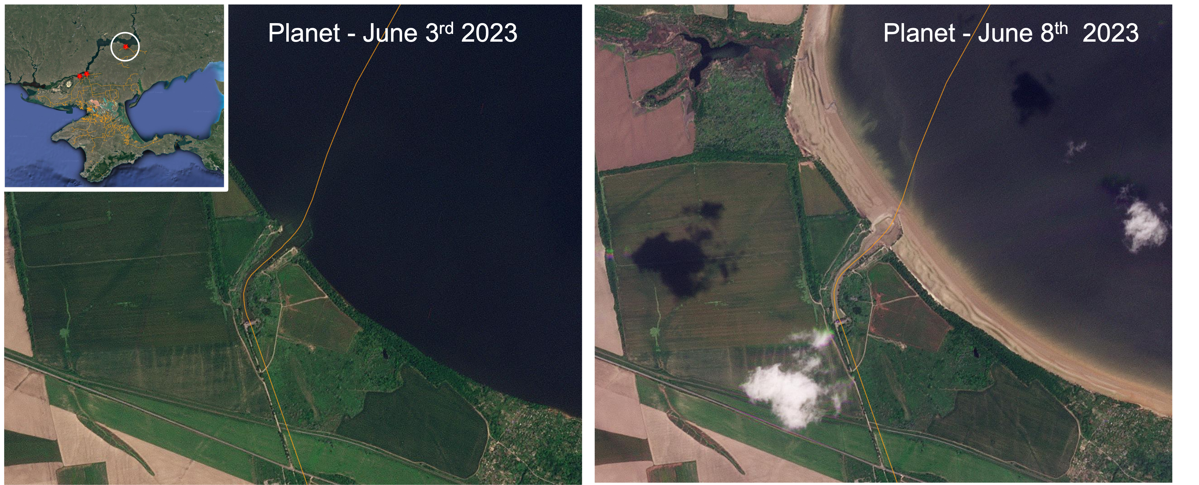 side-by-side satellite view of Ukraine's northernmost canal inlet by the village of Balky