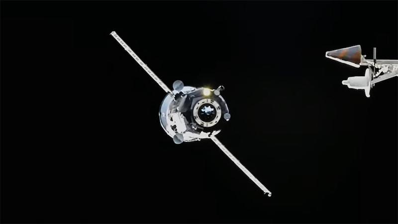 Progress 85 cargo craft is pictured from the International Space Station approaching the Zvezda service module for a docking