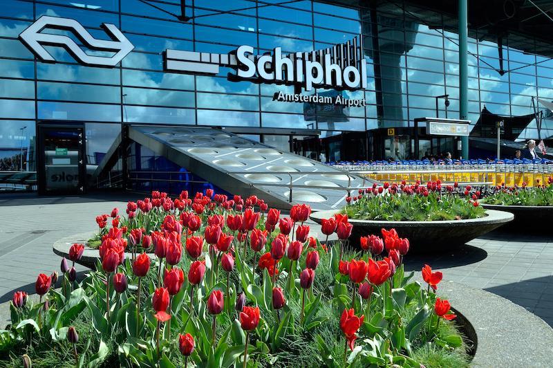 exterior of Amsterdam Schiphol airport with tulips