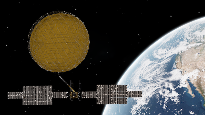 Artist’s rendering of ViaSat-3 satellite with the mesh-like reflector antenna deployed
