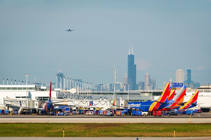 chicago skyline and midway airport planes