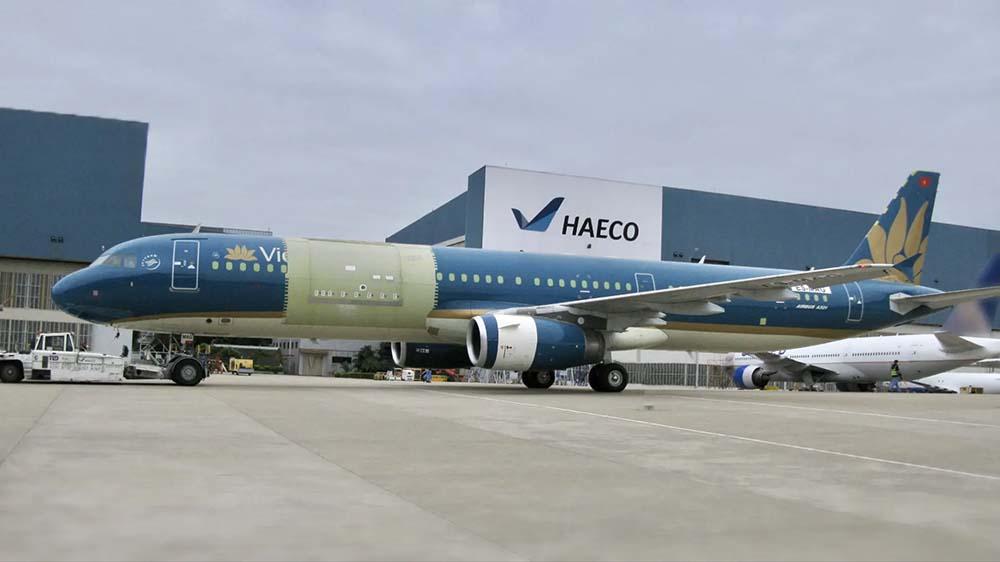 Aircraft in front of HAECO hangar