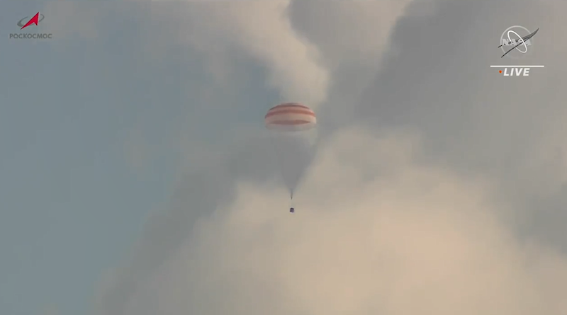 The Soyuz MS-23 spacecraft deploys its parachute for landing in Kazakhstan