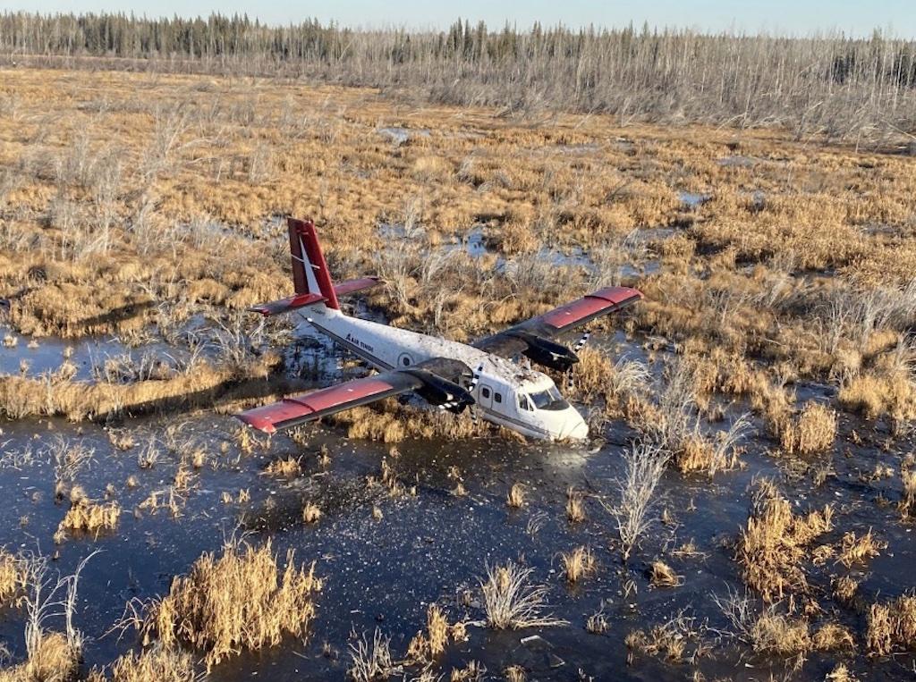 The Air Tindi DHC-6-300 Twin Otter landed in a watery peat bog called a 'muskeg' in Canada