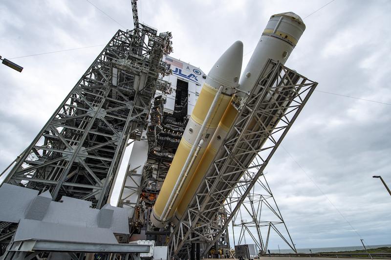The last Delta IV Heavy is raised vertically at the Space Launch Complex 37 launchpad in preparation for liftoff of the NROL-70 mission.