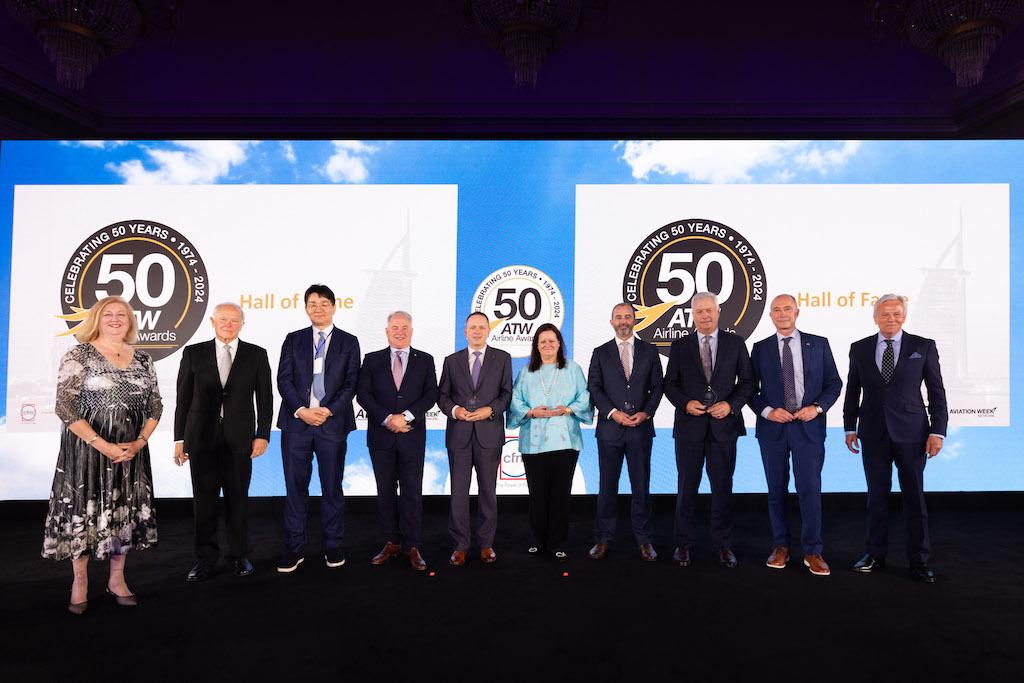 ATW Hall of Fame inductees on stage at the ATW Awards gala in Dubai.