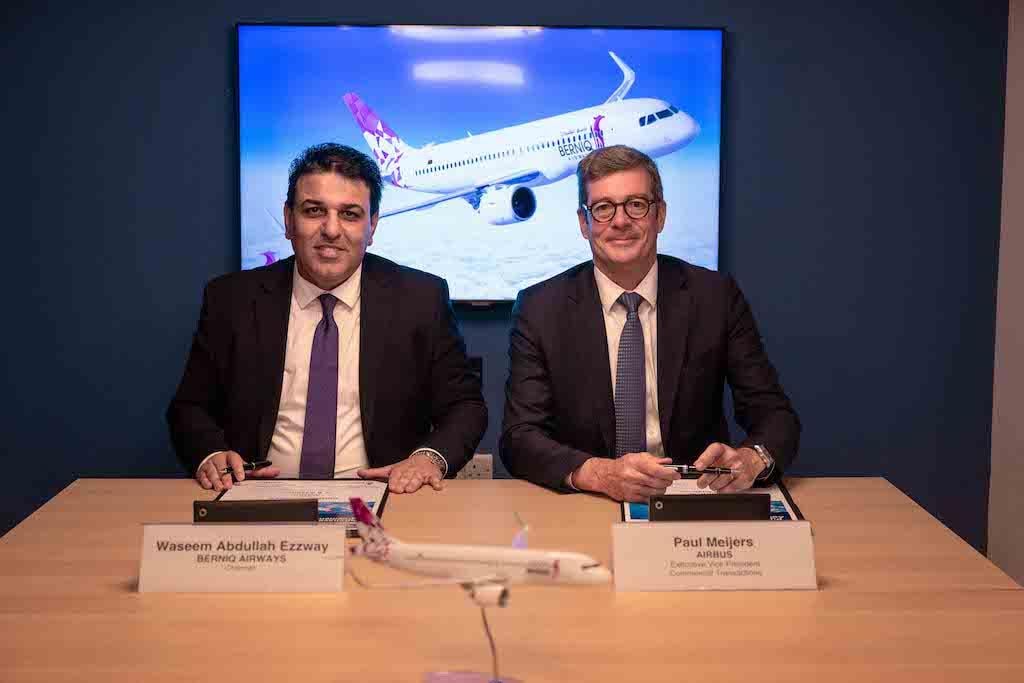 Berniq Airways chairman Waseem Abdullah Ezzway and Airbus EVP commercial Paul Meijers
