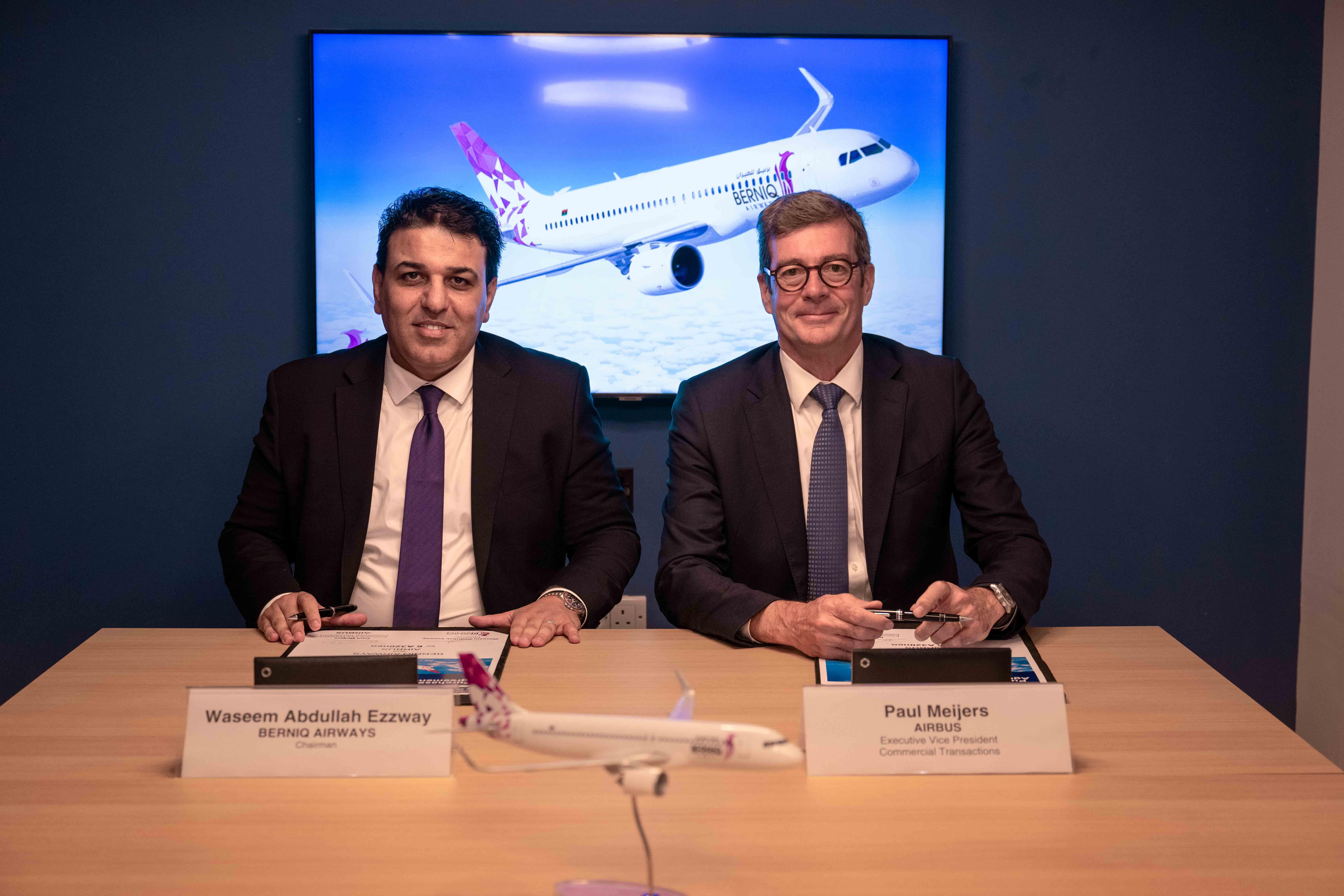 Berniq Airways chairman Waseem Abdullah Ezzway and Airbus EVP commercial Paul Meijers firmed an order signed earlier this year for six Airbus A320neo family aircraft.