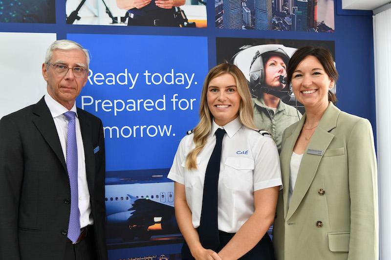 From left to right: Nick Leontidis, CAE’s chief operating officer, Elle Betchley, CAE’s new Women in Flight Ambassador, and Marie-Christine Cloutier, CAE’s vice-president, performance, strategy and marketing.