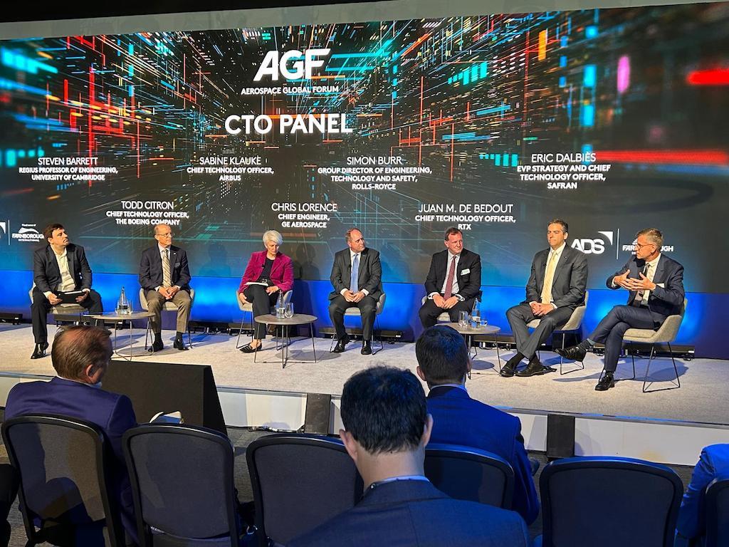 From left: University of Cambridge professor of engineering Steven Barrett moderates a panel comprised of Boeing CTO Todd Citron, Airbus CTO Sabine Klauke, GE Aerospace chief engineer Chris Lorence, Rolls-Royce group director engineering, technology and safety Simon Burr, RTX CTO Juan M. de Bedout and Safran EVP strategy and CTO Eric Dalbiès.