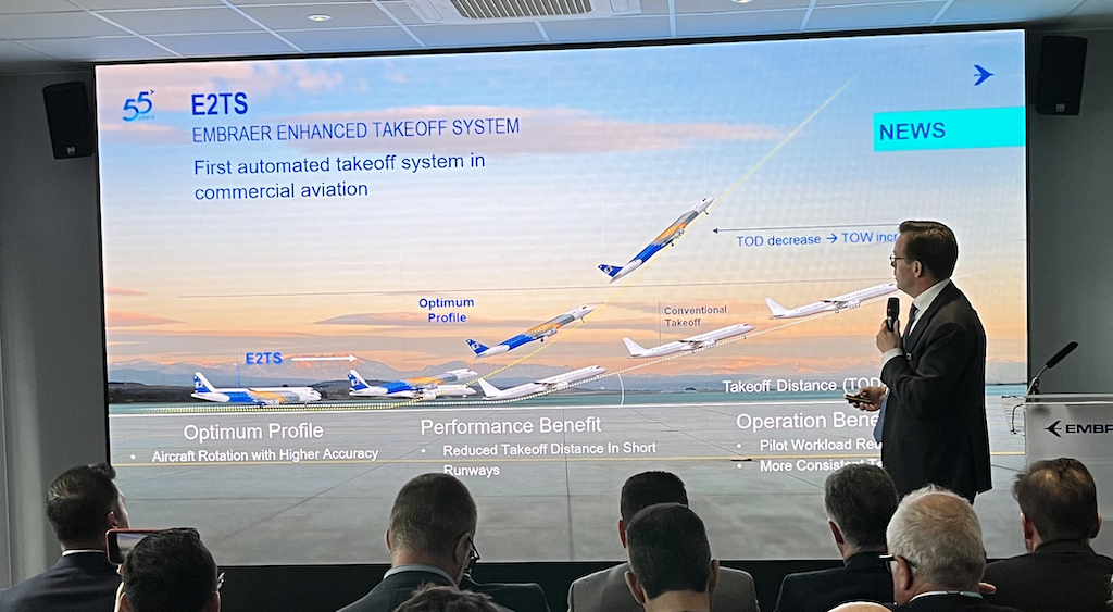 Embraer's new auto take-off system is presented at a briefing at the Farnborough Airshow