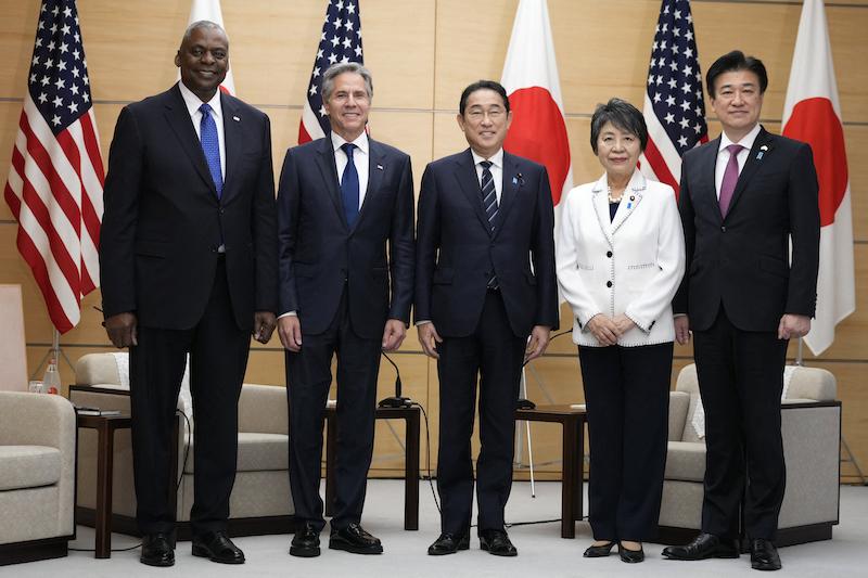 (L-R) US Secretary of Defense Lloyd Austin, US Secretary of State Antony Blinken, Japan's Prime Minister Fumio Kishida, Japan's Foreign Minister Yoko Kamikawa and Defense Minister Minoru Kihara pose for a photo during a meeting at the prime minister's office in Tokyo on July 29, 2024