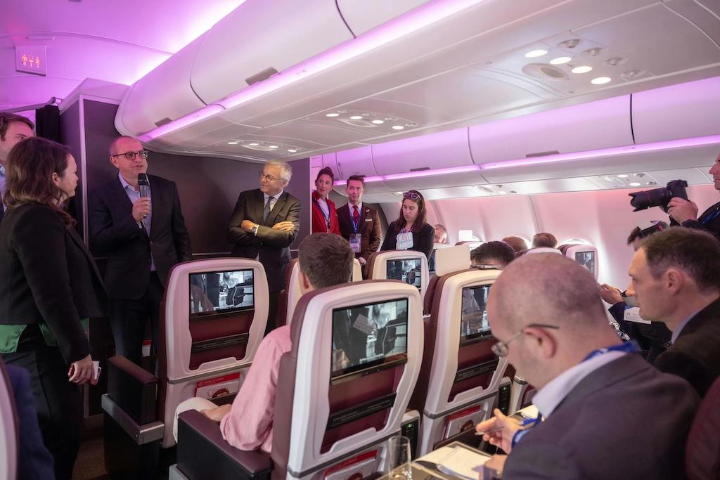Virgin Atlantic CEO Shai Weiss speaking with reporters onboard a Virgin Atlantic Airbus A330-900 on display at the airshow.