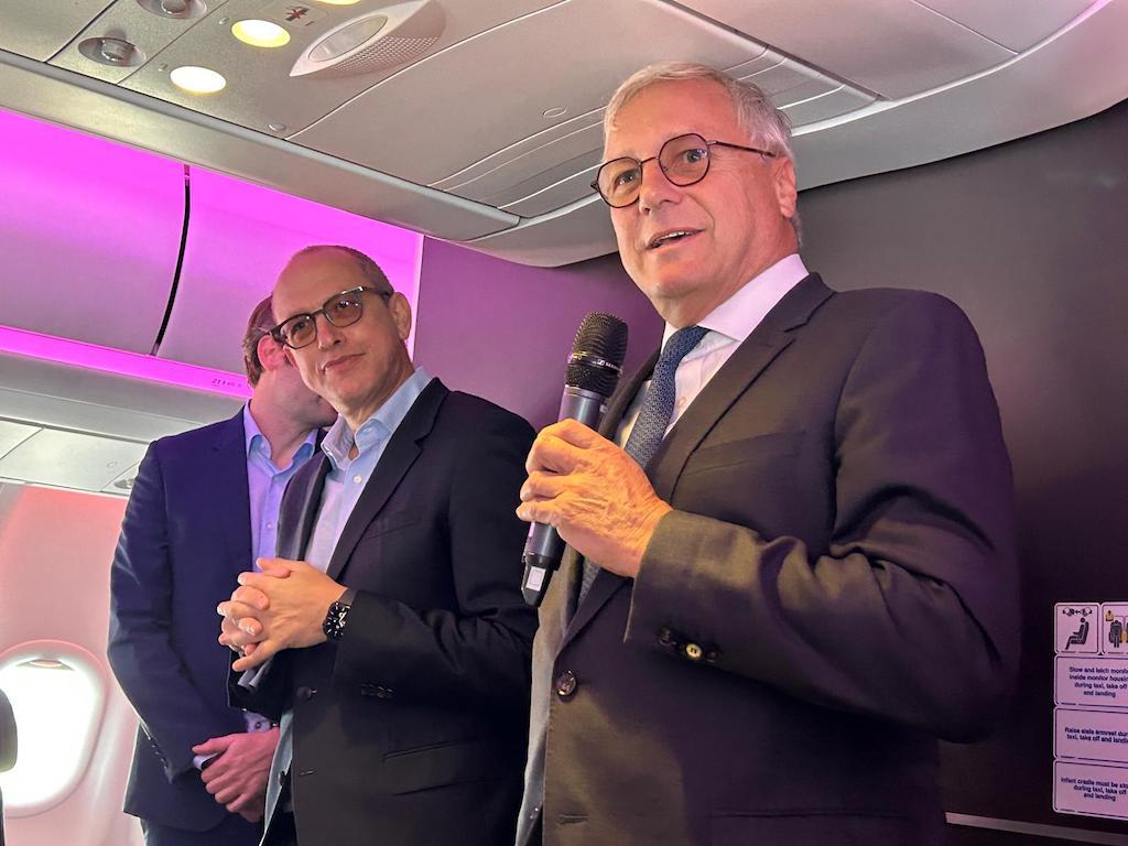 Virgin CEO Shai Weiss and Airbus Commercial Aircraft CEO Christian Scherer during a media briefing on board an Airbus A330neo at the Farnborough static park.