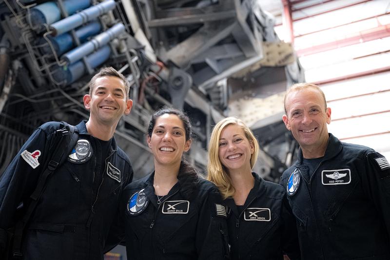 The Polaris Dawn crew from left commander and financier Jared Isaacman, SpaceX missions specialists Sarah Gillis and Anna Menon, and co-pilot Scott "Kidd" Poteet.