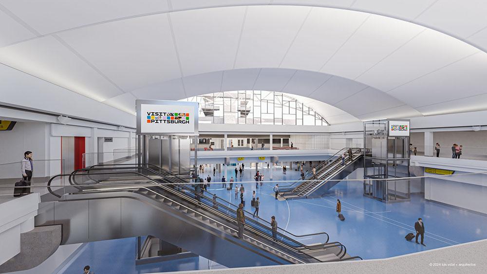 A rendering of a new airside terminal interior at PIT