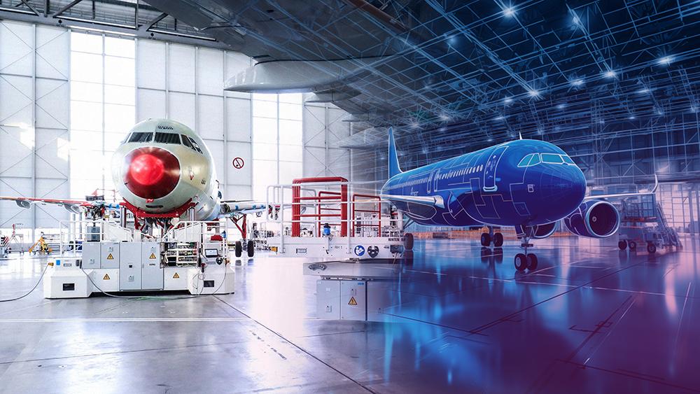 Graphic depicting aircraft digital twins in a hangar