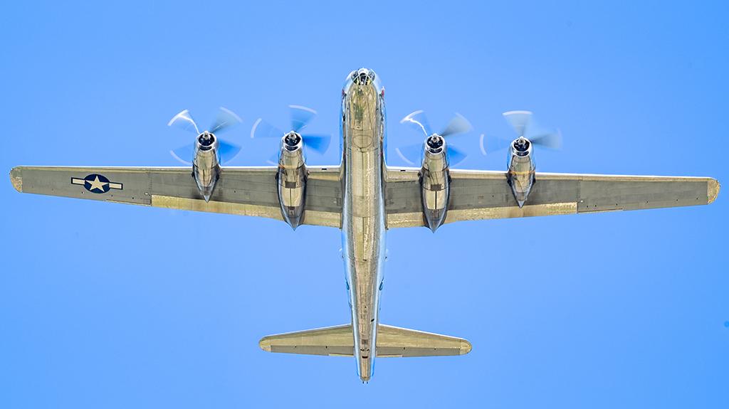 B-29 Superfortress "Doc" performs an overhead flyby at EAA AirVenture Oshkosh 2024.