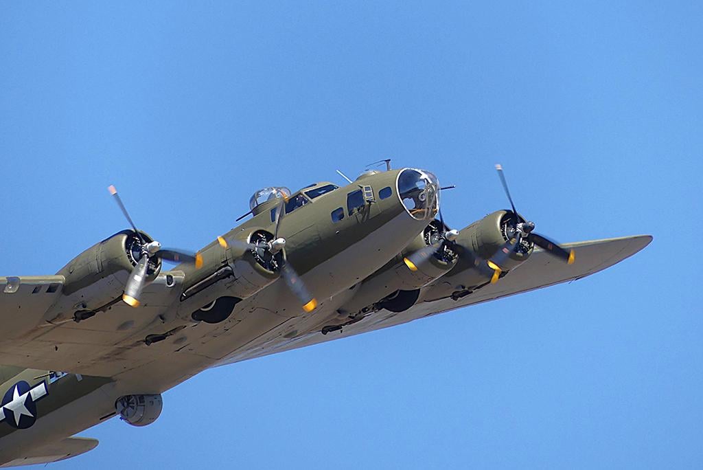 A B-17F Flying Fortress flies low over Santa Maria, California, at the Central Coast Airfest.